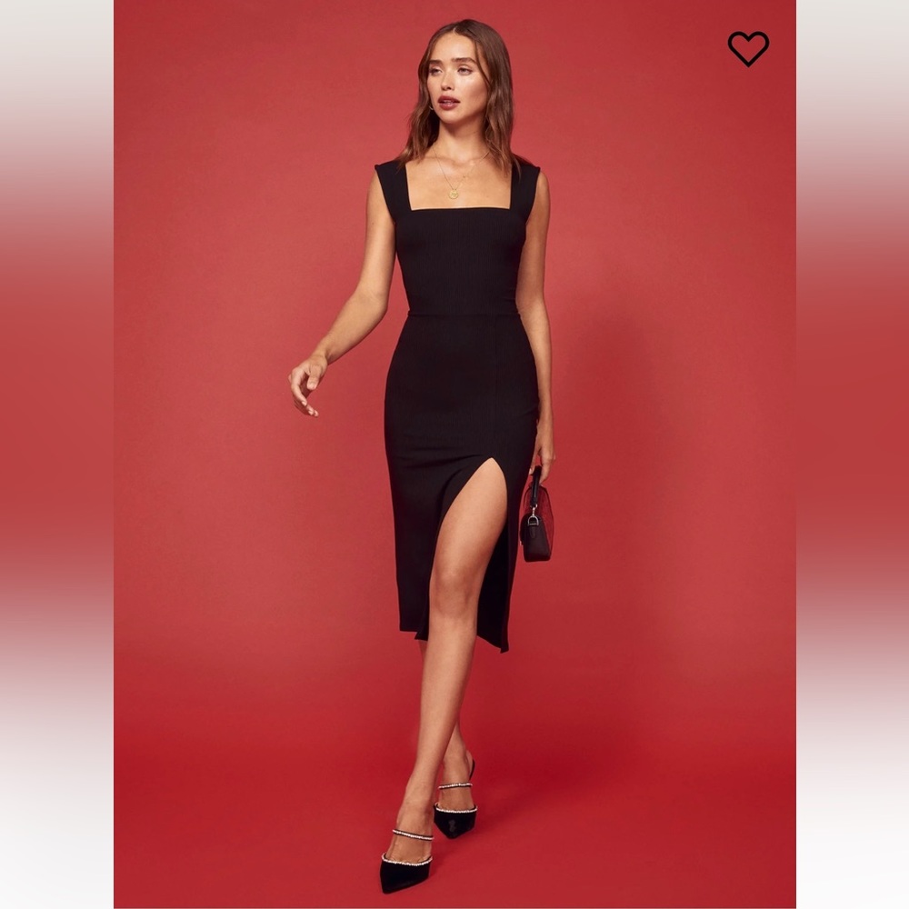 Reformation Black Square-Neck Midi Dress with Side Slit